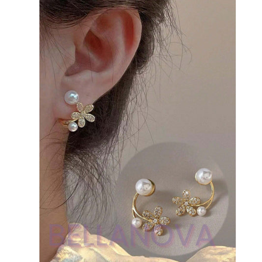 Brincos 2 em 1 Flores e Pérolas - Folheado a Ouro 18k + FRETE GRÁTIS